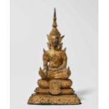 Sitzender Buddha Thailand, Rattanakosin, 19.Jh. Bronze mit Gold-, Schwarz- und Rotlack. Sitzend in