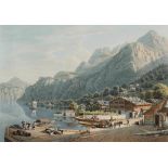 Lory, Gabriel fils (1784 Bern 1846) "Vue du Port de Fluelen dans le Canton d'Uri". Altkol. Aquatinta