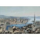 Dikenmann, Johann Rudolf (1832 Zürich 1888) "Zürich". Altkol. Aquatinta mit Blauplatte. 13,4x19,4