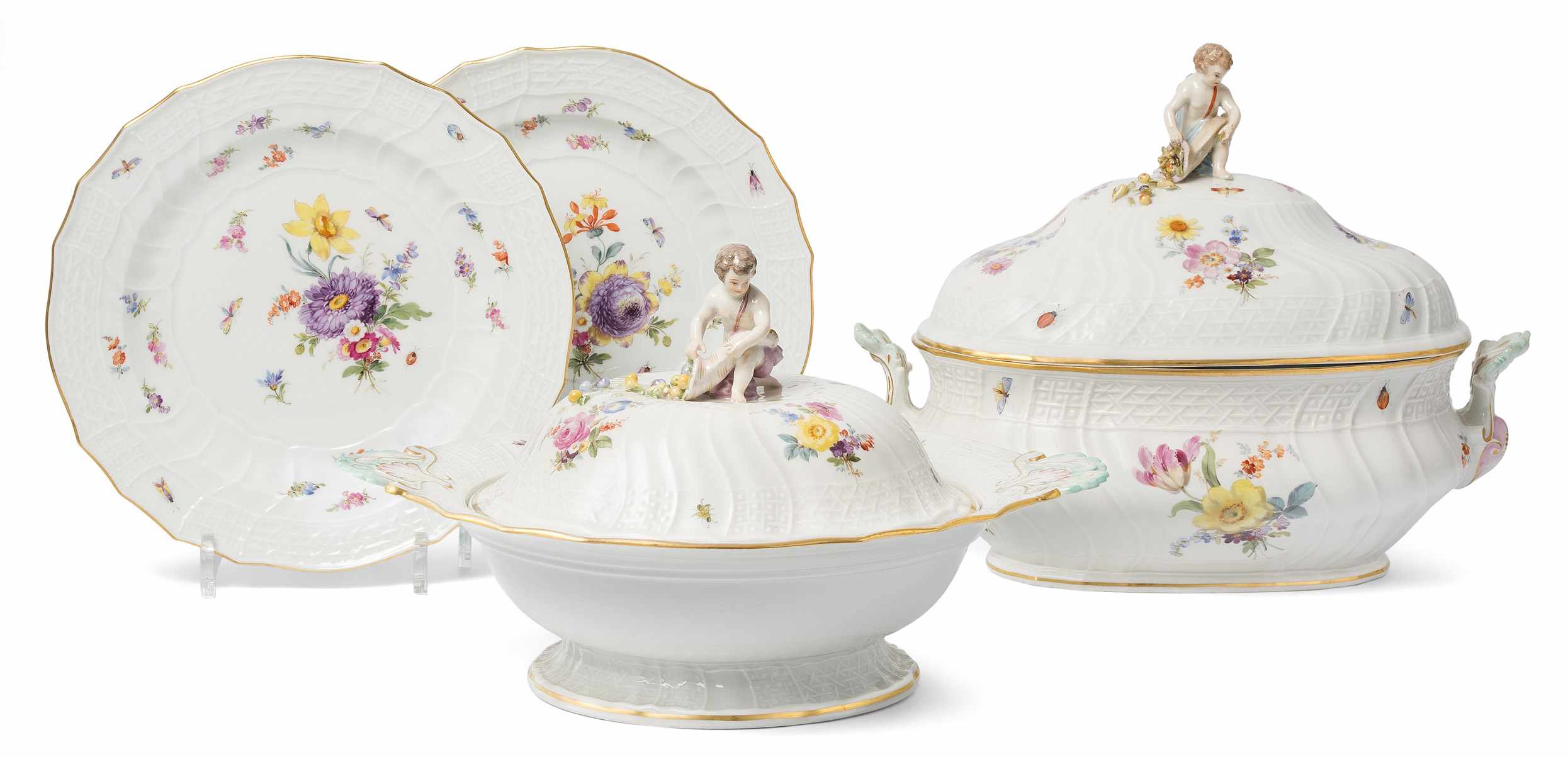 Tafelservice, Meissen Um 1900. "Neubrandenstein, bunte Blumen, Goldrand". 1. Wahl. Porzellan.