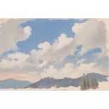 Frey, Johann Jakob (Basel 1813–1865 Frascati) Wolkenstudie über hügeliger Landschaft. Öl auf Papier.
