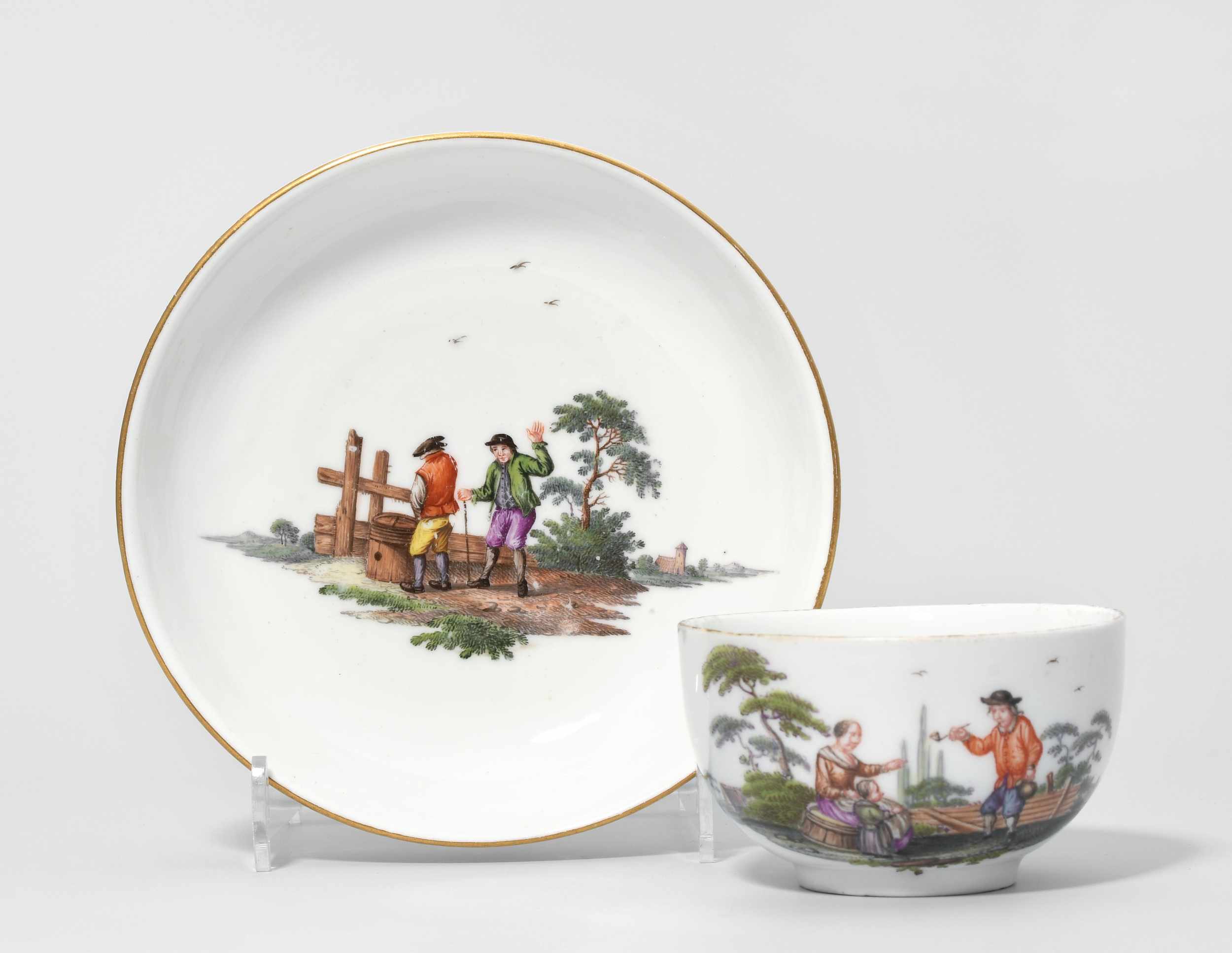 Tasse mit Untertasse, Meissen Mitte 18.Jh. Porzellan, Figuren in Landschaft. Bezeichnet: