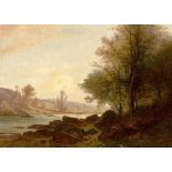 Castan, Gustave (Genf 1823–1892 Crozant) Flusslandschaft. Öl auf Holz. Unten rechts signiert. 38,