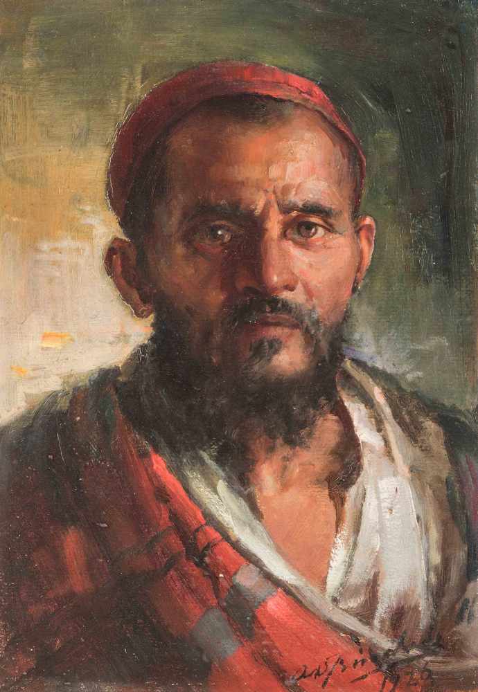 Trindade, Antonio Xavier (Goa 1870–1935 Bombay) Portrait eines Mannes. 1926. Öl auf Karton. Unten