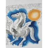 Erni, Hans (Luzern 1909–2015 Luzern) Pegasus. 1976. Briefzeichnung, Aquarell und Tinte auf Papier.