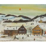 Waldburger, J.B. (Geb. Herisau 1924) "Der Fleisch Hausierer im Winter". Öl auf Leinwand über Karton.