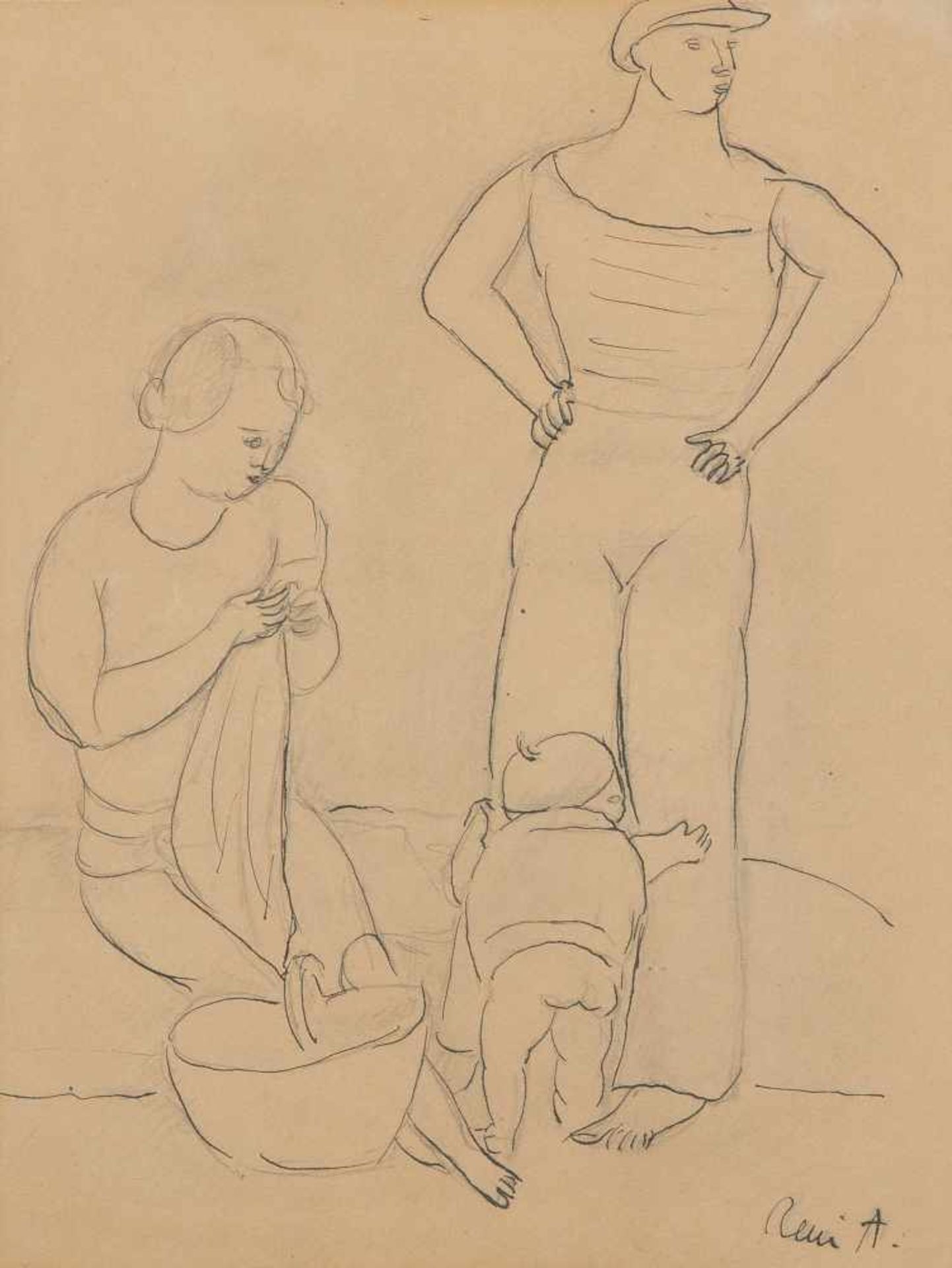 Auberjonois, René (Lausanne 1872–1957 Lausanne) Kleine Familie. Tusche und Bleistift auf Papier.