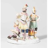 Figurengruppe, Meissen Um 1900. Drei römische Krieger. Porzellan, farbige Bemalung. Bezeichnet: