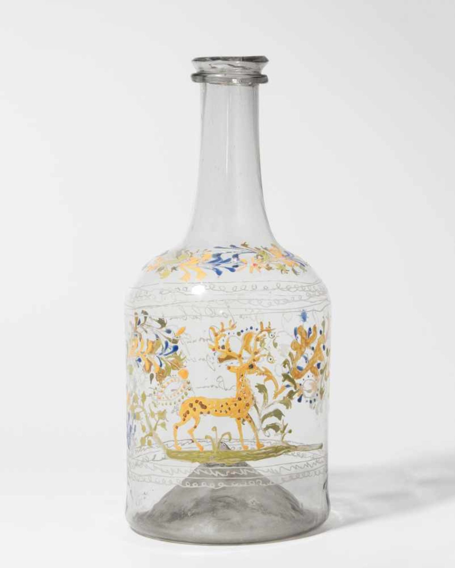 Flasche, alpenländisch Dat. 1787. Farbloses Glas, Emailmalerei: Hirsch, Blumenranken und Spruch