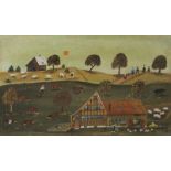 Waldburger, J.B. (Geb. Herisau 1924) "Bauernhaus mit Schweinen". Öl auf Leinwand über