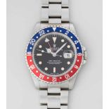 Rolex GMT-Master Pepsi Runde, automatische Herrenarmbanduhr um 1994 in Stahlgehäuse. Boden