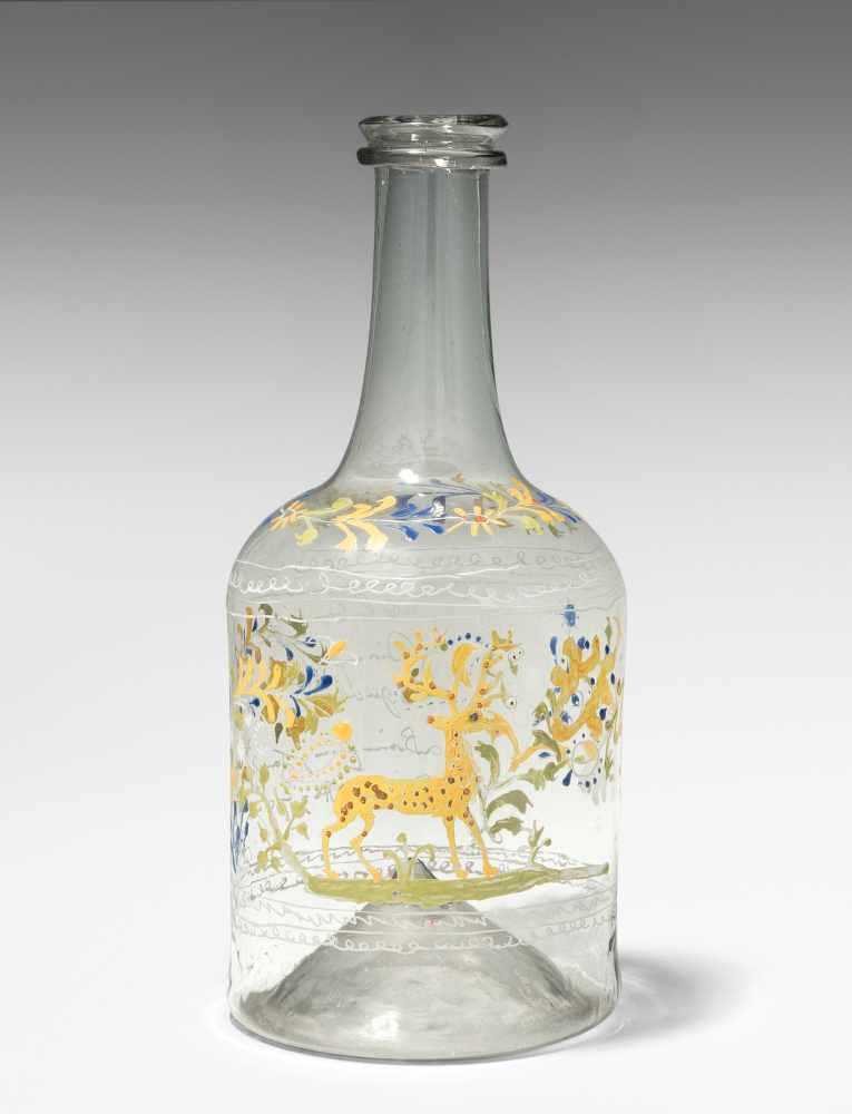Flasche, alpenländisch Datiert 1736. Farbloses Glas, Emailmalerei: Hirsch, Blumenstauden, Spruch mit