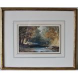 A 19th Century Watercolour: a Man sitting on a riverbank, glazed with gilt frame. 13cm x 20cm