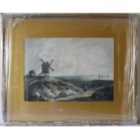 A Mid 19th Century Watercolour: Windmill on a hill with ships on an estuary & two walkers on a path,