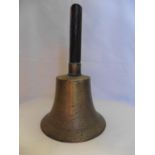 A Good 19th Century Brass School Bell with wooden handle. 10.5in (h).