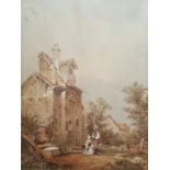 A 19th Century Continental View Watercolour: depicting a couple outside a dwelling in a rural