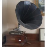 An Edison Bell Discaphone Mahogany Gramophone with Horn, together with metal records.