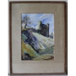 A 20th Century Watercolour: Castle & Tree on a Hillside, unsigned. Glazed within a wooden frame.