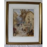 A 19th Century Continental Watercolour: depicting a man and woman speaking on the steps to a