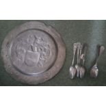 A Set of Four + Two 19th Century Pewter Spoons along with an Armorial Charger.