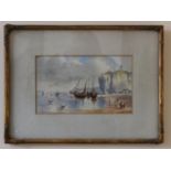 A Mid 19th Century Watercolour: Seashore with Fishing Boats and Figures, unsigned, glazed within a