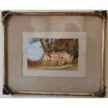 A Mid 19th Century Watercolour: Horseman resting in a Sylvan setting with distant sea view. Signed