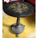 A Late 19th Century Ebonised Tilt-Top Occasional Table, with painted decoration, octagonal column on