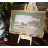 A 19th Century Gouache: Gentleman schooling a horse with farmland and woodland behind. Sir William