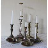 Eight Assorted Brass and Plated Candlesticks to include a pair.