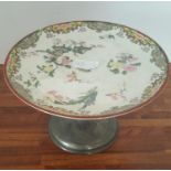 A Cake Stand on Pewter Base, together with a wicker bin (2).