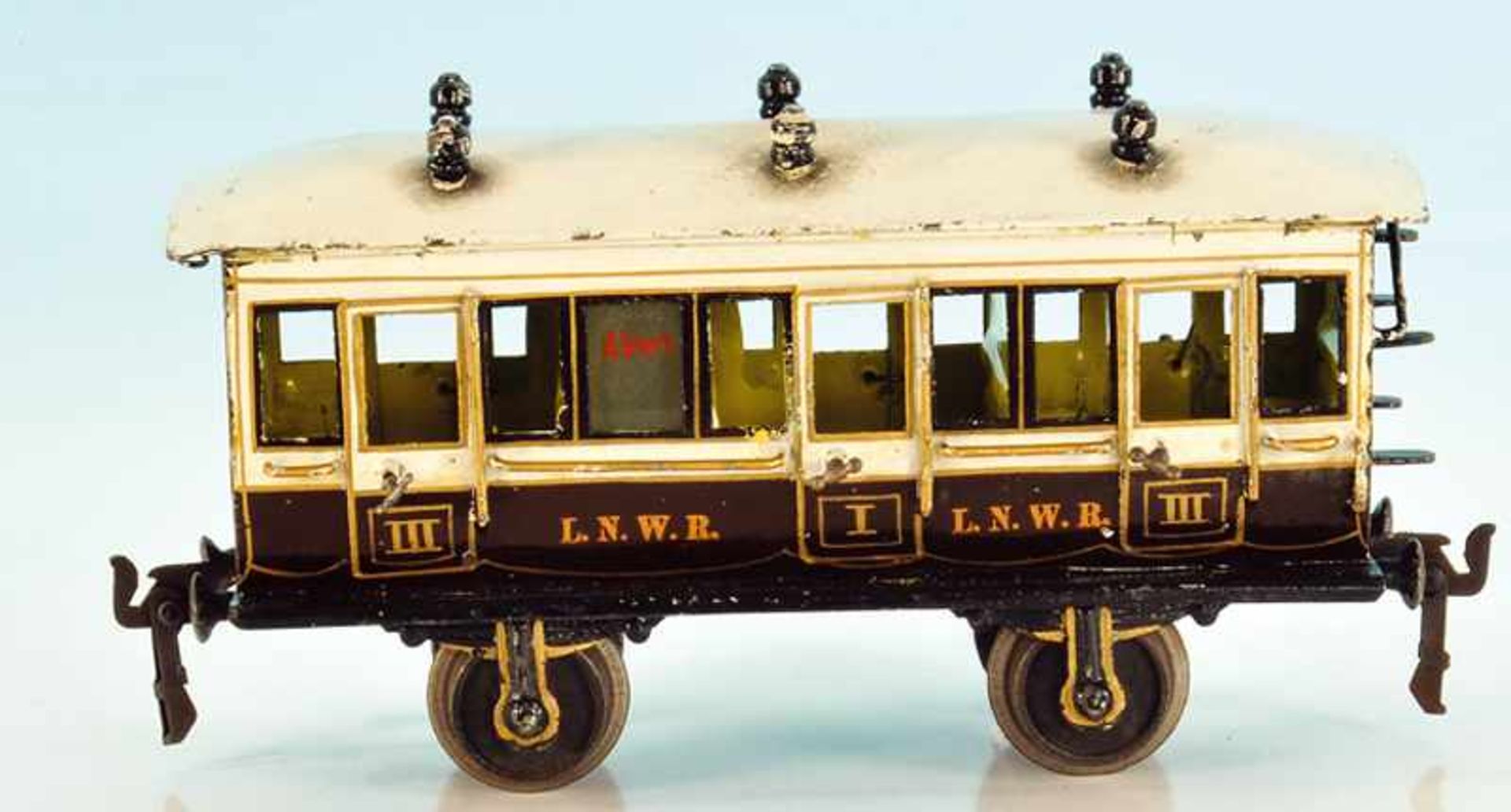 MÄRKLIN engl. Personenwagen 1856/1 L.N.W.R 22 cm, braun/weiß handlackiert, mit Inneneinrichtung,