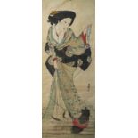 Ueshima Hozan 1875-1920 Zeichnung, Dame mit Hund 120 x 47 cm. Tusche, Farbe und Goldfarbe auf