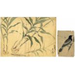 Zwei Zeichnungen, Edo-Zeit a) 20 x 13 cm. Sehr feine Zeichnung mit Farbe, Vogel auf einem Ast.