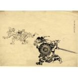 Im Kyosai-Stil Shoki jagt zwei Teufel, 19. Jh. Tusche auf dünnem Papier, 19 x 27 cm. Aus einer