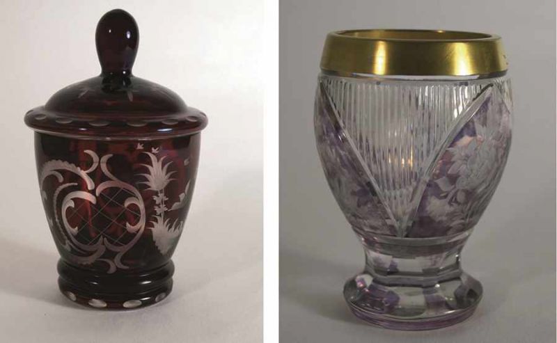 Zwei böhmisches Gläser a) Pokal. H. 20 cm, D. 11,5 cm. Überfang Rubinglas. Basis verkratzt. b)