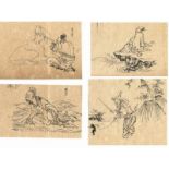Vier kleine Tuschezeichnungen, Edo-Zeit ca. je 9 x 14 cm. Zwei Unterbliche, Pferdeknecht und