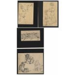 Vier kleine Tuschezeichnungen, Edo- und Meiji-Zeit Tiere, Ausländerinnen, Friese mit Fische und
