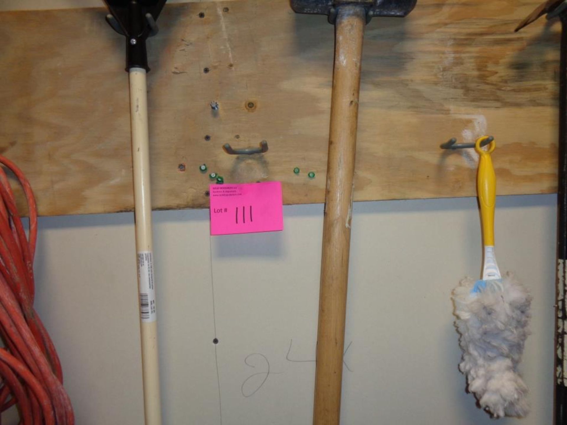 LOT OF: BROOMS, RAKE, SLEDGE HAMMER, CROW BAR, JUMPER CABLES, CHARCOAL, SALT, (4) FOLDING - Image 3 of 5