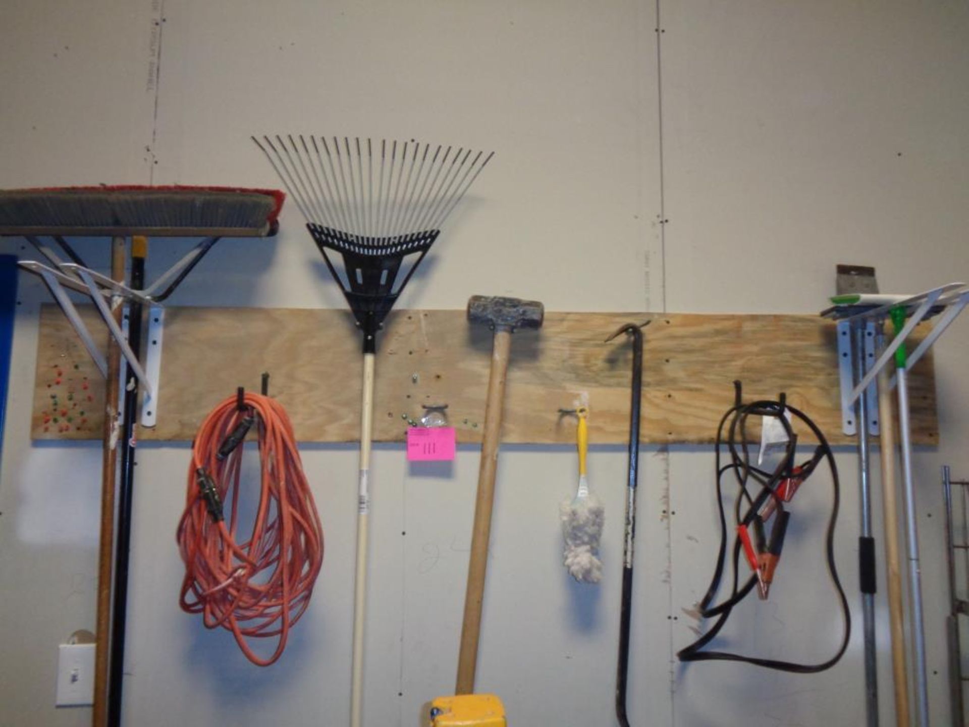 LOT OF: BROOMS, RAKE, SLEDGE HAMMER, CROW BAR, JUMPER CABLES, CHARCOAL, SALT, (4) FOLDING