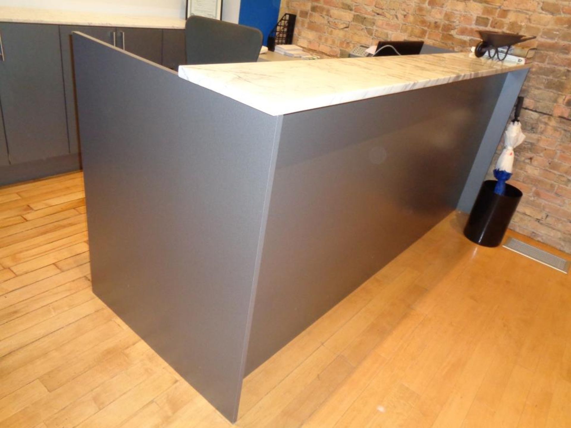 RECEPTIONIST DESK AND COUNTER WITH GRANITE COUNTER, CHAIR AND (2) 2-DRAWER UNDERCOUNTER FILE - Image 2 of 7