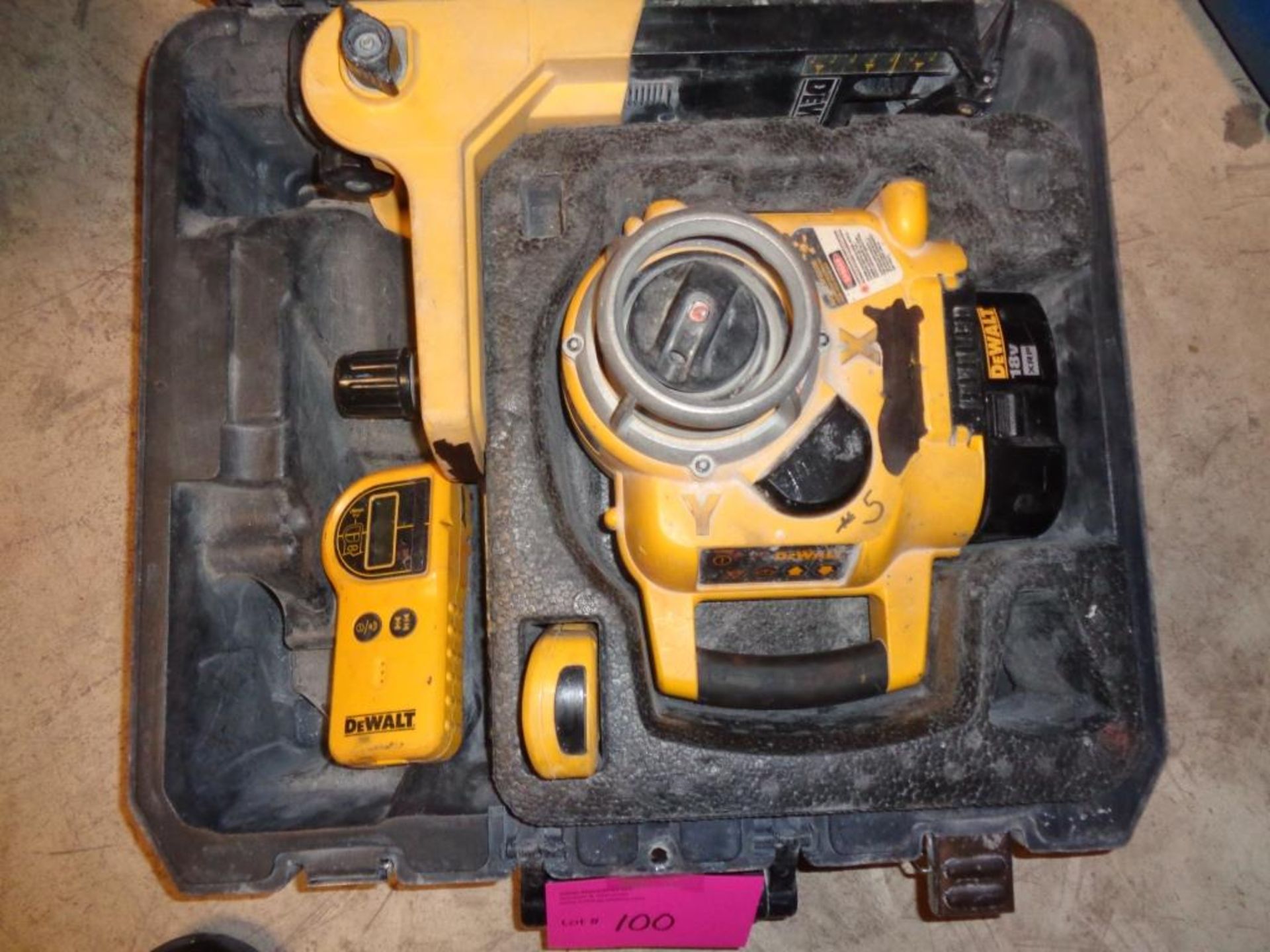 DEWALT ROTARY LASER MODEL DW077 WITH GUIDE AND REMOTE MODEL DW0774 AND LASER DETECTOR MODEL