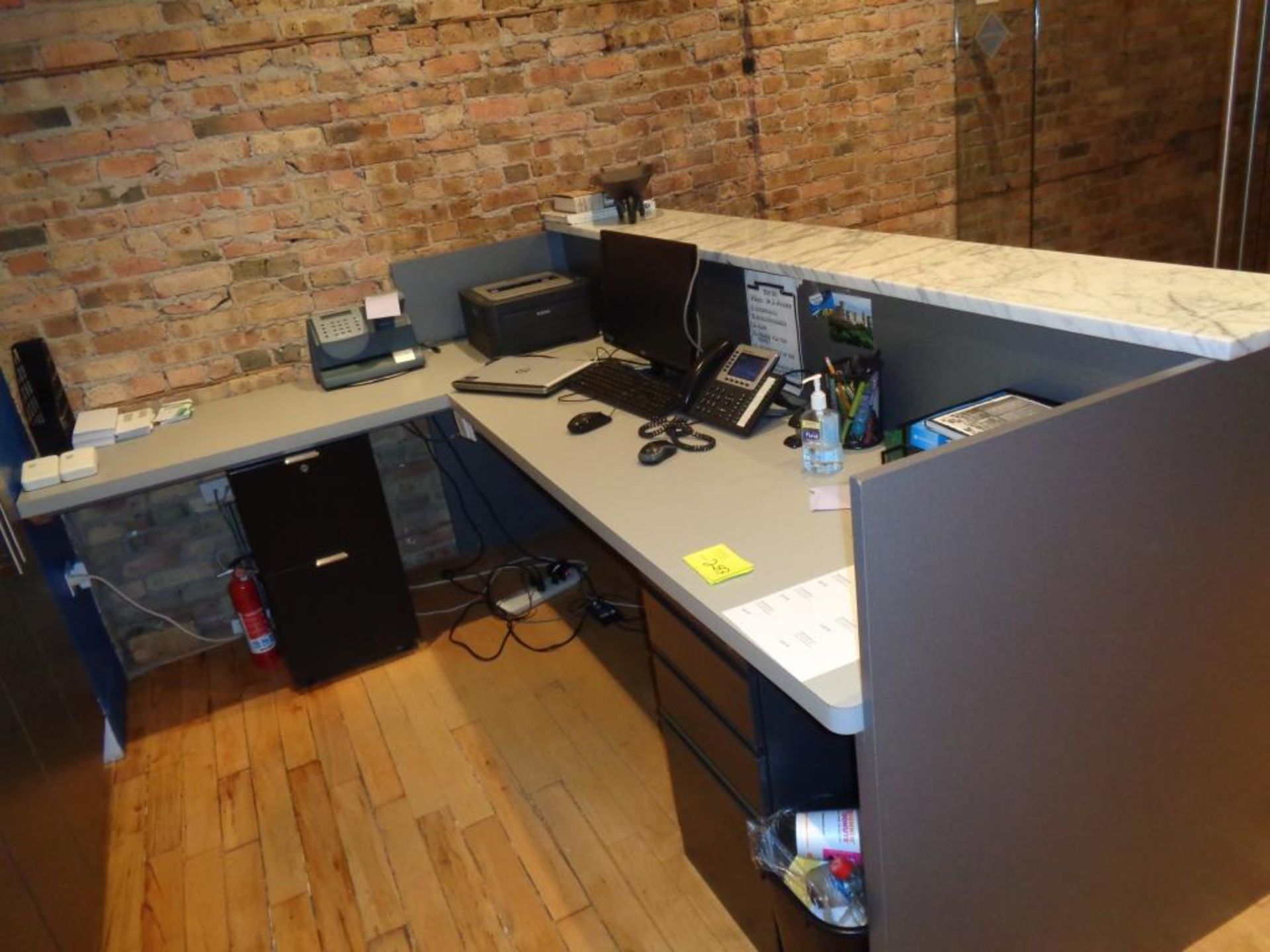 RECEPTIONIST DESK AND COUNTER WITH GRANITE COUNTER, CHAIR AND (2) 2-DRAWER UNDERCOUNTER FILE