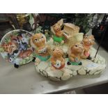 A Pendelfin choir figurines with a stand, and a Queens 'Farmyard' plate