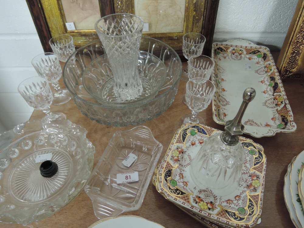 A selection of Burgess Bros Carlisle ware plates, lead crystal port glasses, cut glass bowls etc