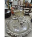 A selection of platedware including tray, atomiser, candlesticks and wine basket etc