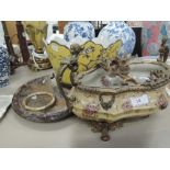 A metal based planter with yellow floral top and shallow planter with gilt handles and frame etc