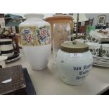 A Delft lidded biscuit barral, a Hornsea pottery vase and glass vase