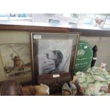 A watercolour of a windmill and a print of a gundog after Ruane Maning and advertising wall clock '