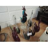 A selection of glass swans various colours and art glass cockerel