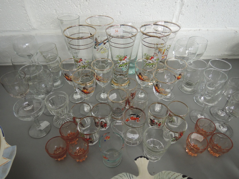 A selection of drinking glasses with hunting/game bird/ motoring interest etc